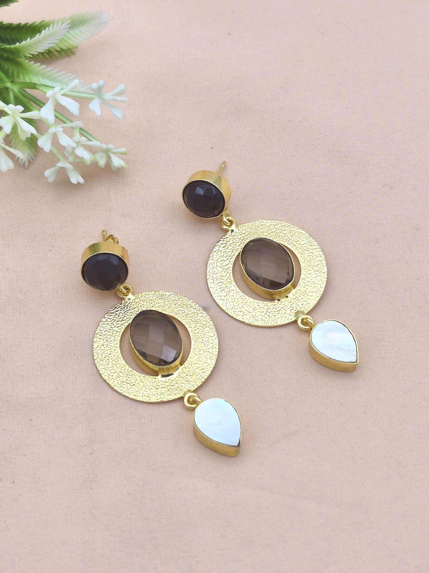 Artistic Gold Plated Black Onyx-Smoky-MOP stone Dangle Earring - Handcrafted Designer Jewelry