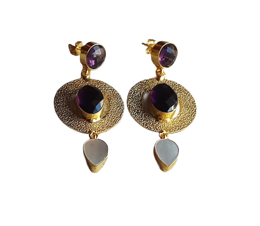 Artistic Gold Plated Amethyst-MOP stone Dangle Earring - Handcrafted Designer Jewelry