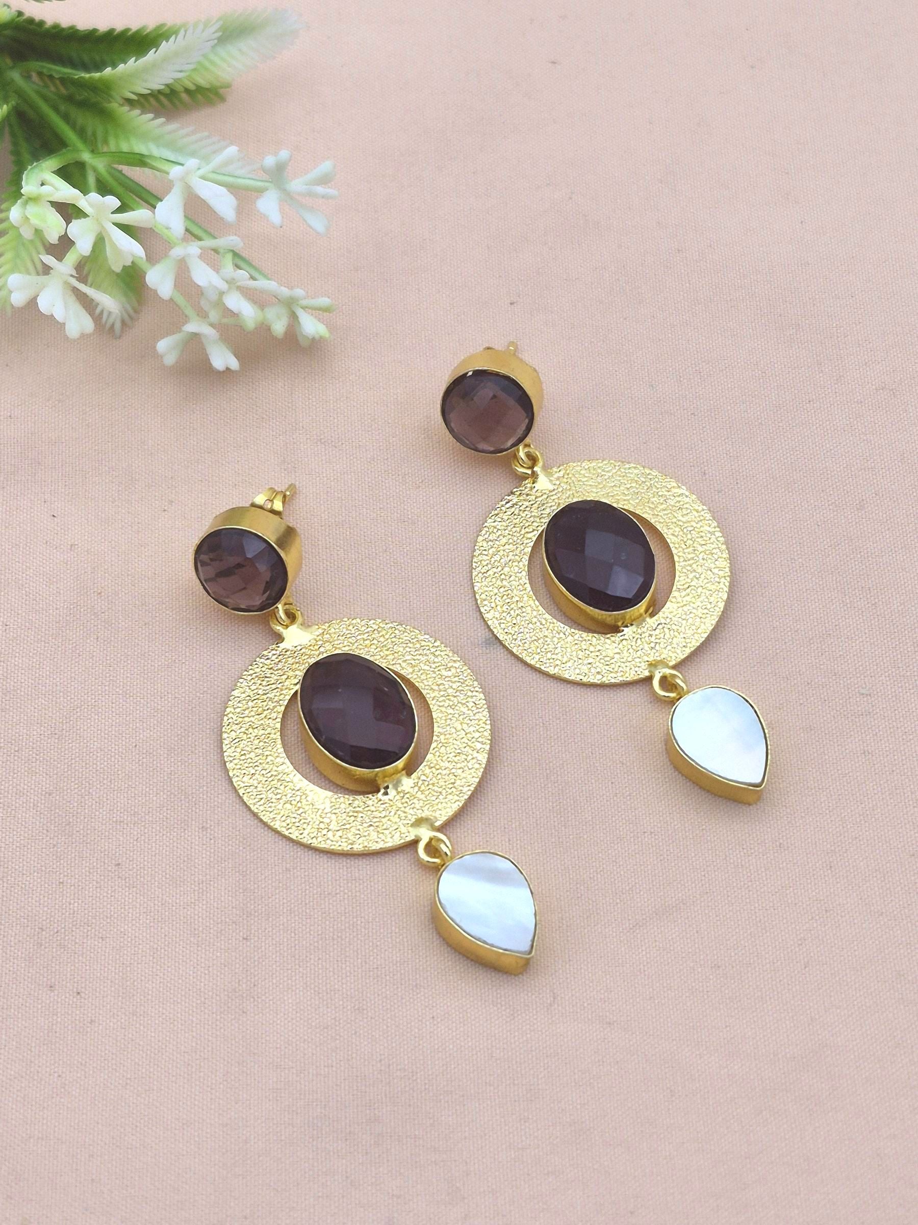 Artistic Gold Plated Amethyst-MOP stone Dangle Earring - Handcrafted Designer Jewelry