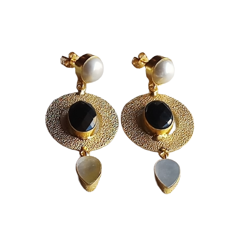 Artistic Gold Plated Pearl-Black Onyx-MOP stone Dangle Earring - Handcrafted Designer Jewelry