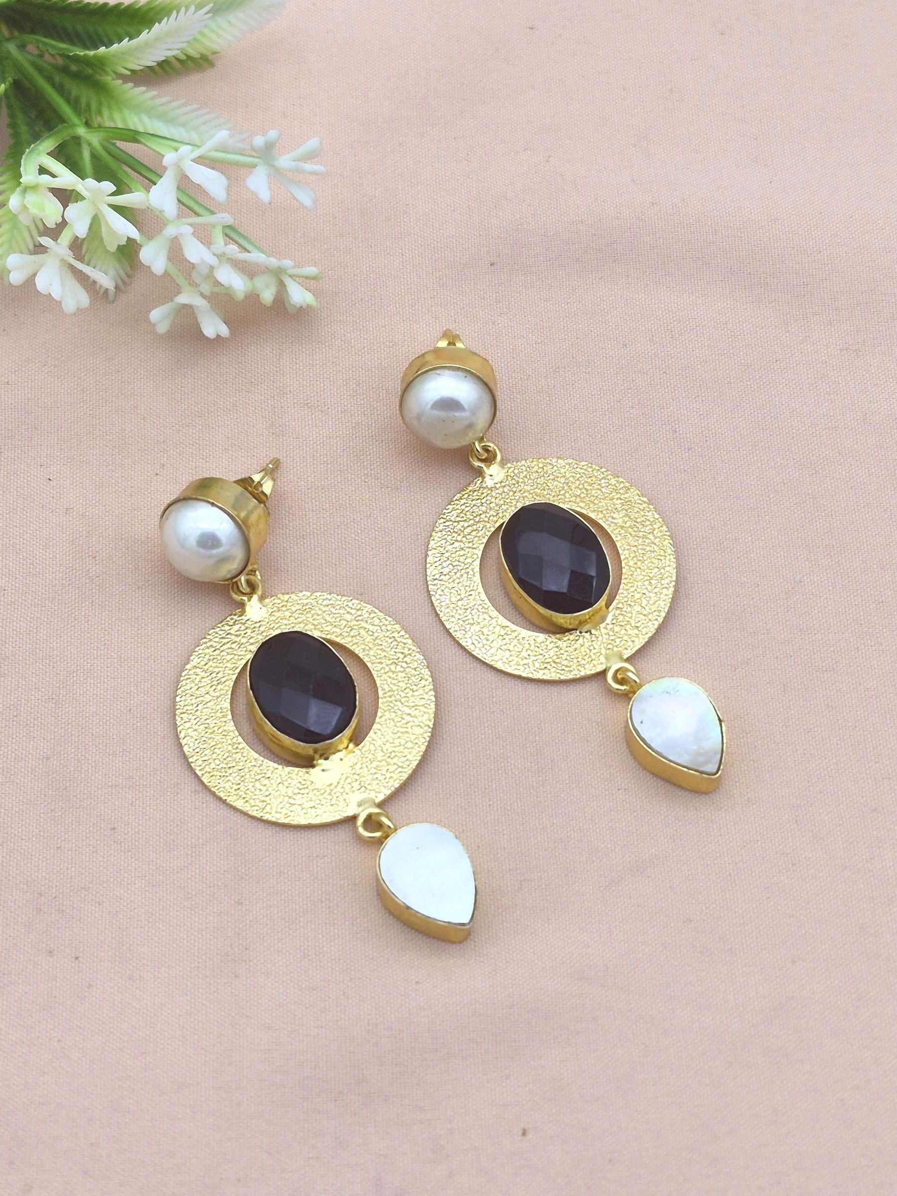 Artistic Gold Plated Pearl-Black Onyx-MOP stone Dangle Earring - Handcrafted Designer Jewelry