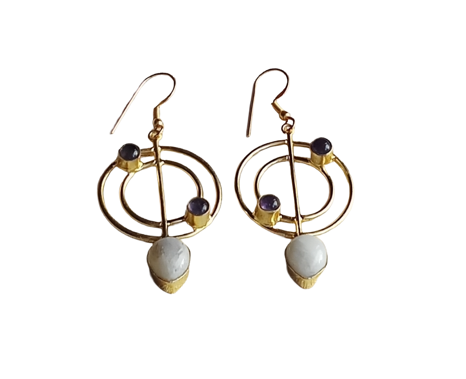 Gold Plated Amethyst & White Rainbow Stone Geometric Dangle Earrings – Handmade Designer Jewelry