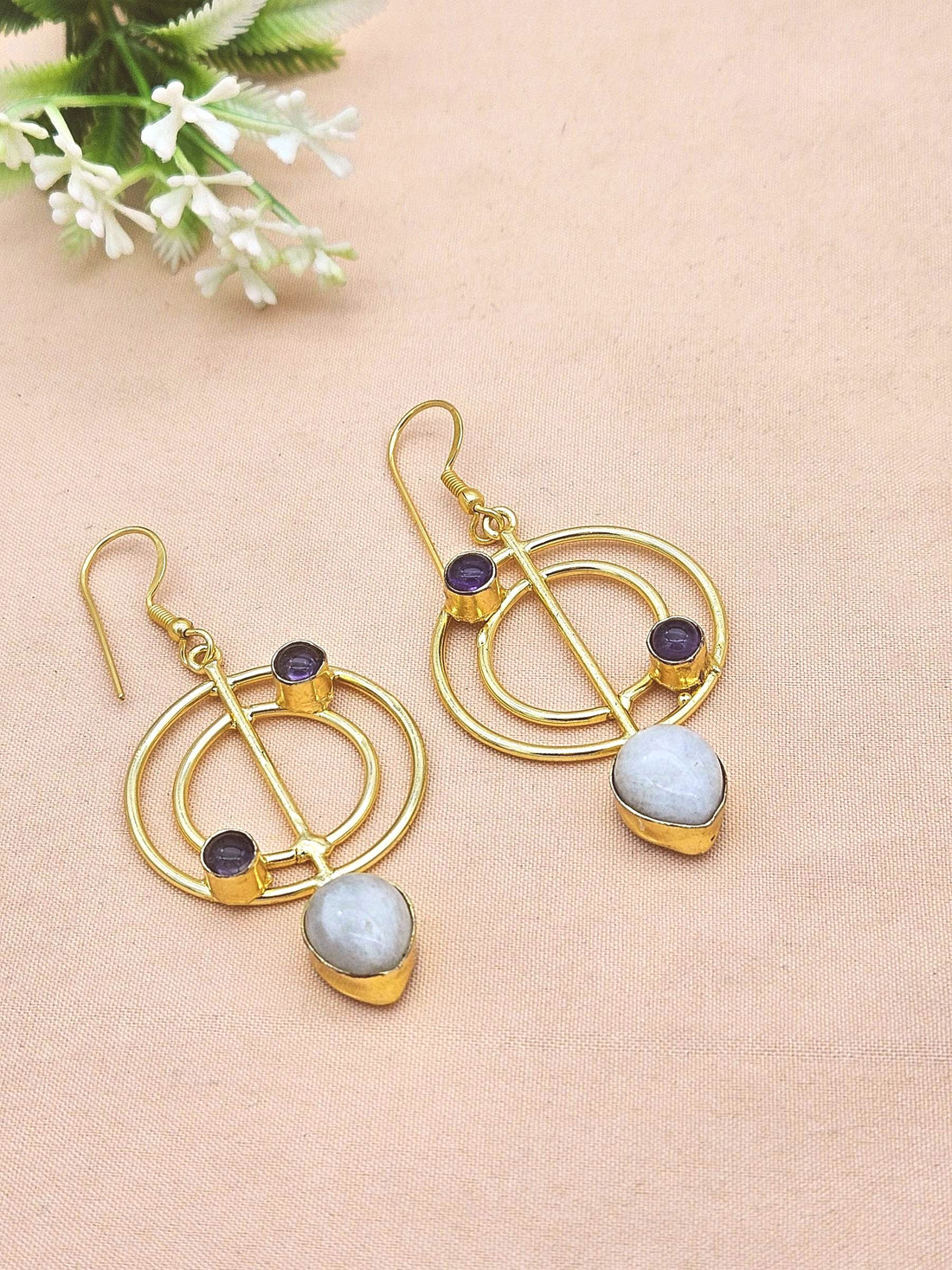 Gold Plated Amethyst & White Rainbow Stone Geometric Dangle Earrings – Handmade Designer Jewelry