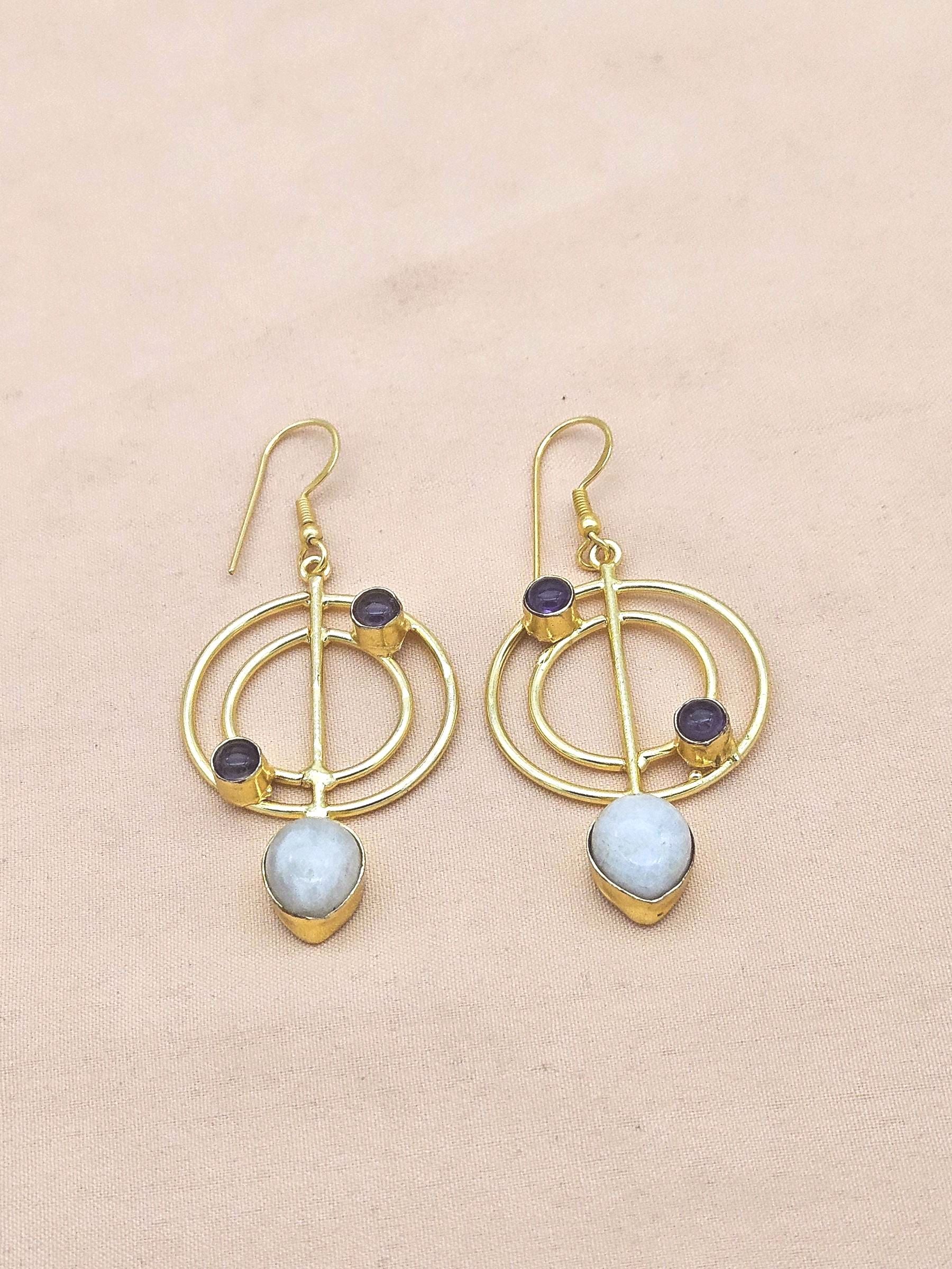 Gold Plated Amethyst & White Rainbow Stone Geometric Dangle Earrings – Handmade Designer Jewelry