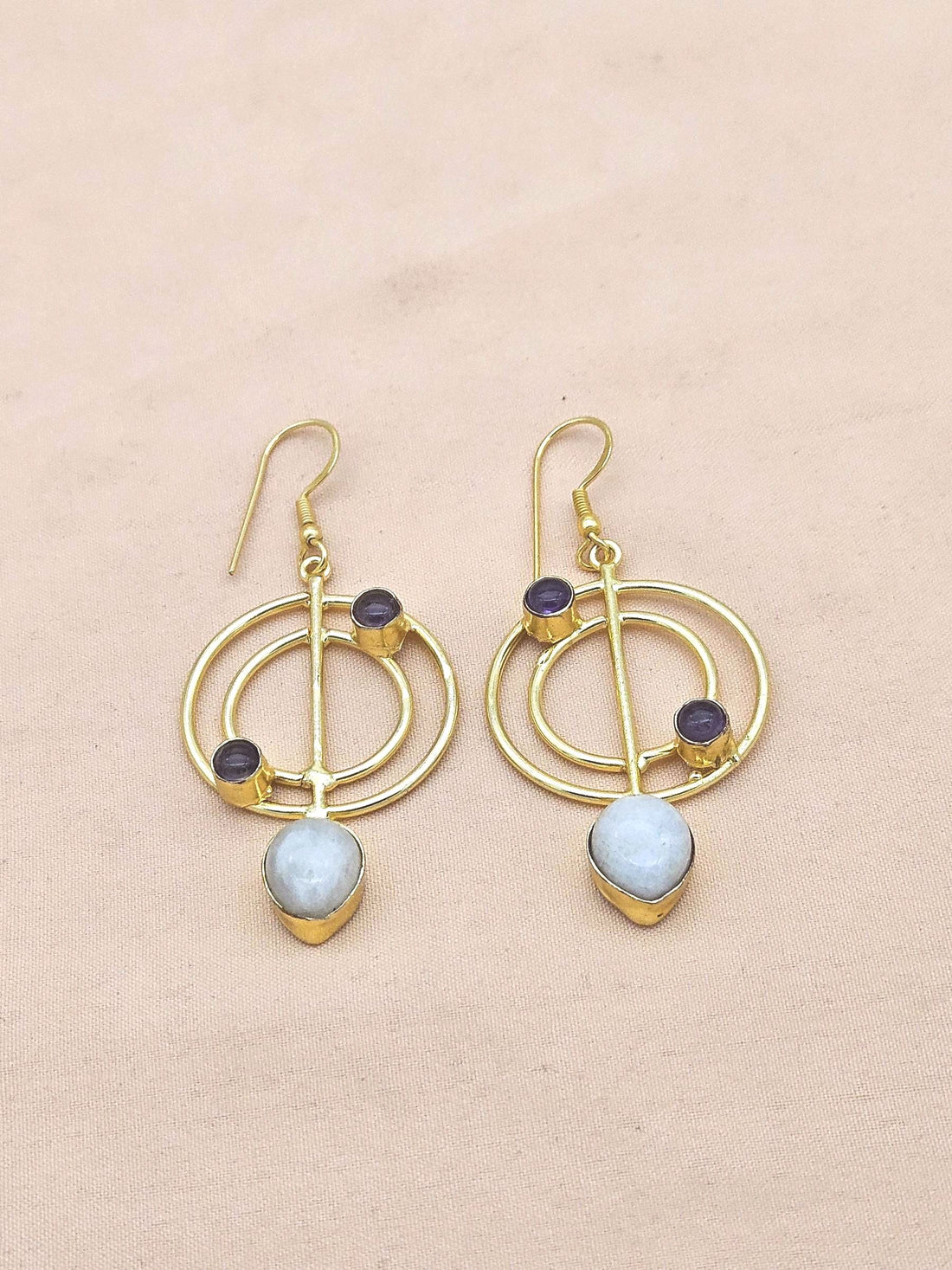 Gold Plated Amethyst & White Rainbow Stone Geometric Dangle Earrings – Handmade Designer Jewelry