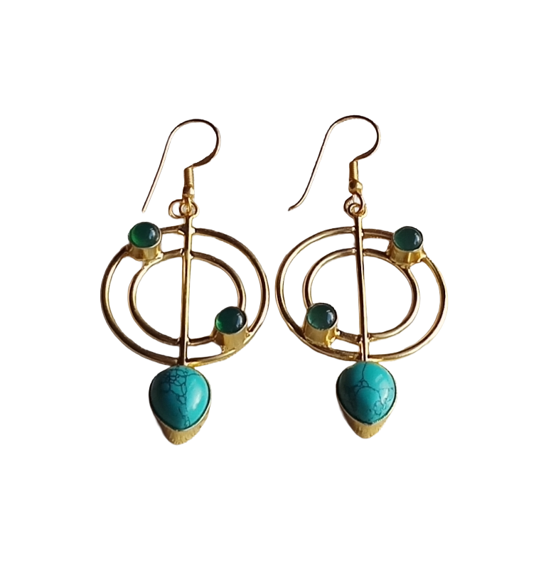 Handmade Gold Plated Turquoise-Green Onyx Gemstone Earrings – Geometric Dangle Jewelry for Women