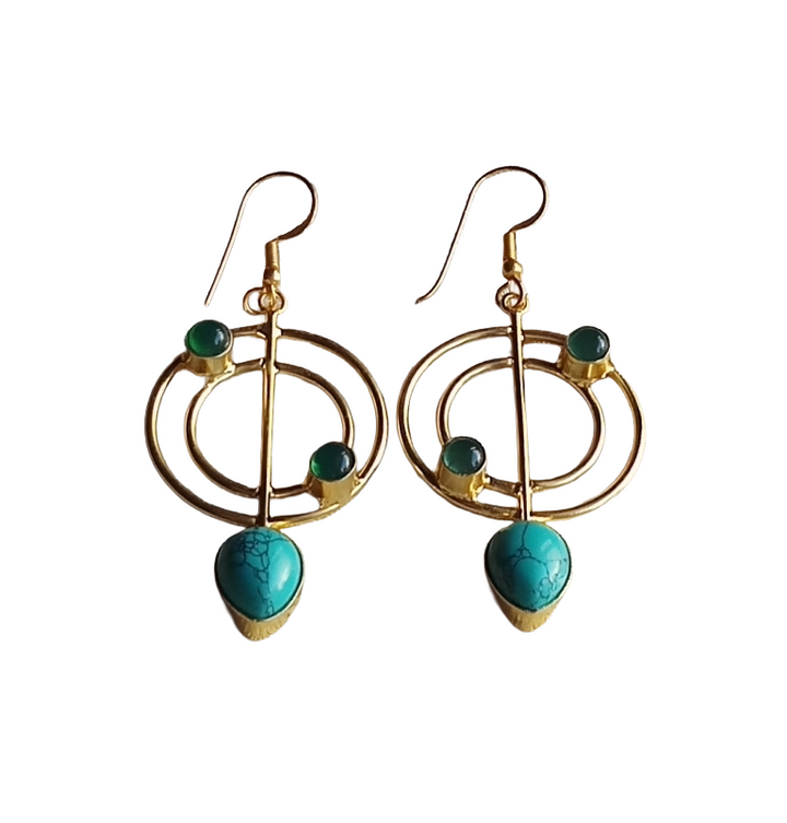 Handmade Gold Plated Turquoise-Green Onyx Gemstone Earrings – Geometric Dangle Jewelry for Women