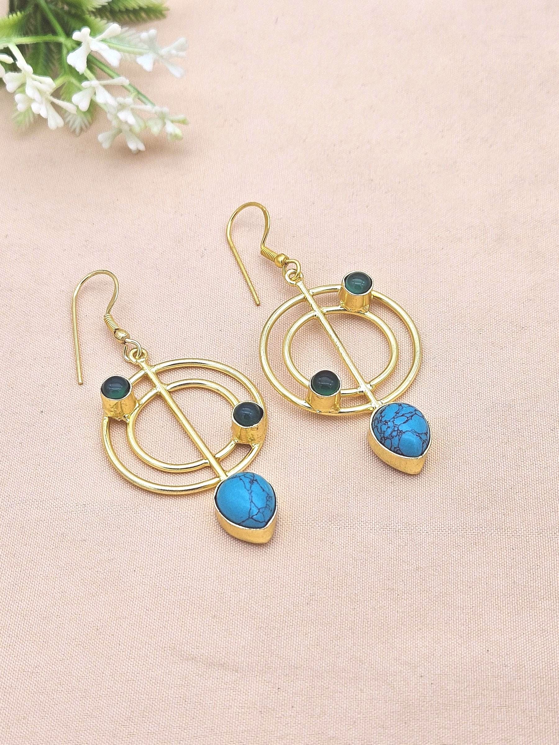Handmade Gold Plated Turquoise-Green Onyx Gemstone Earrings – Geometric Dangle Jewelry for Women