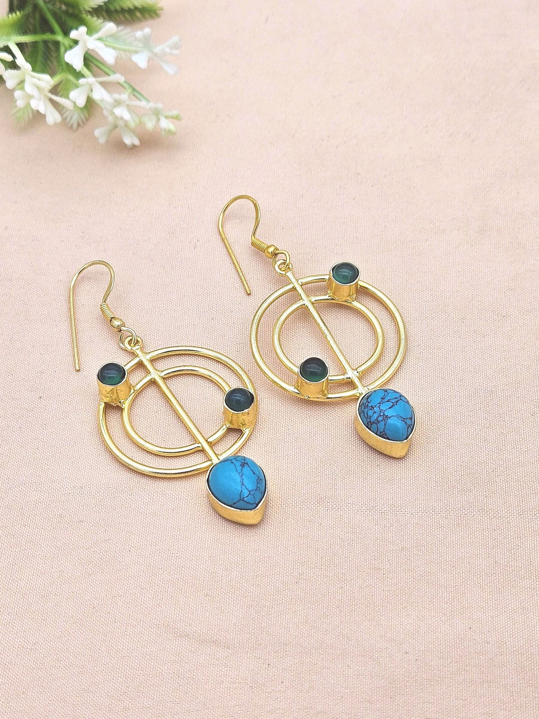 Handmade Gold Plated Turquoise-Green Onyx Gemstone Earrings – Geometric Dangle Jewelry for Women