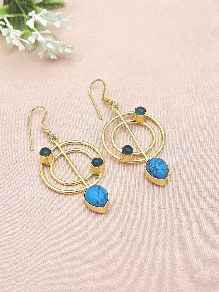 Handmade Gold Plated Turquoise-Green Onyx Gemstone Earrings – Geometric Dangle Jewelry for Women