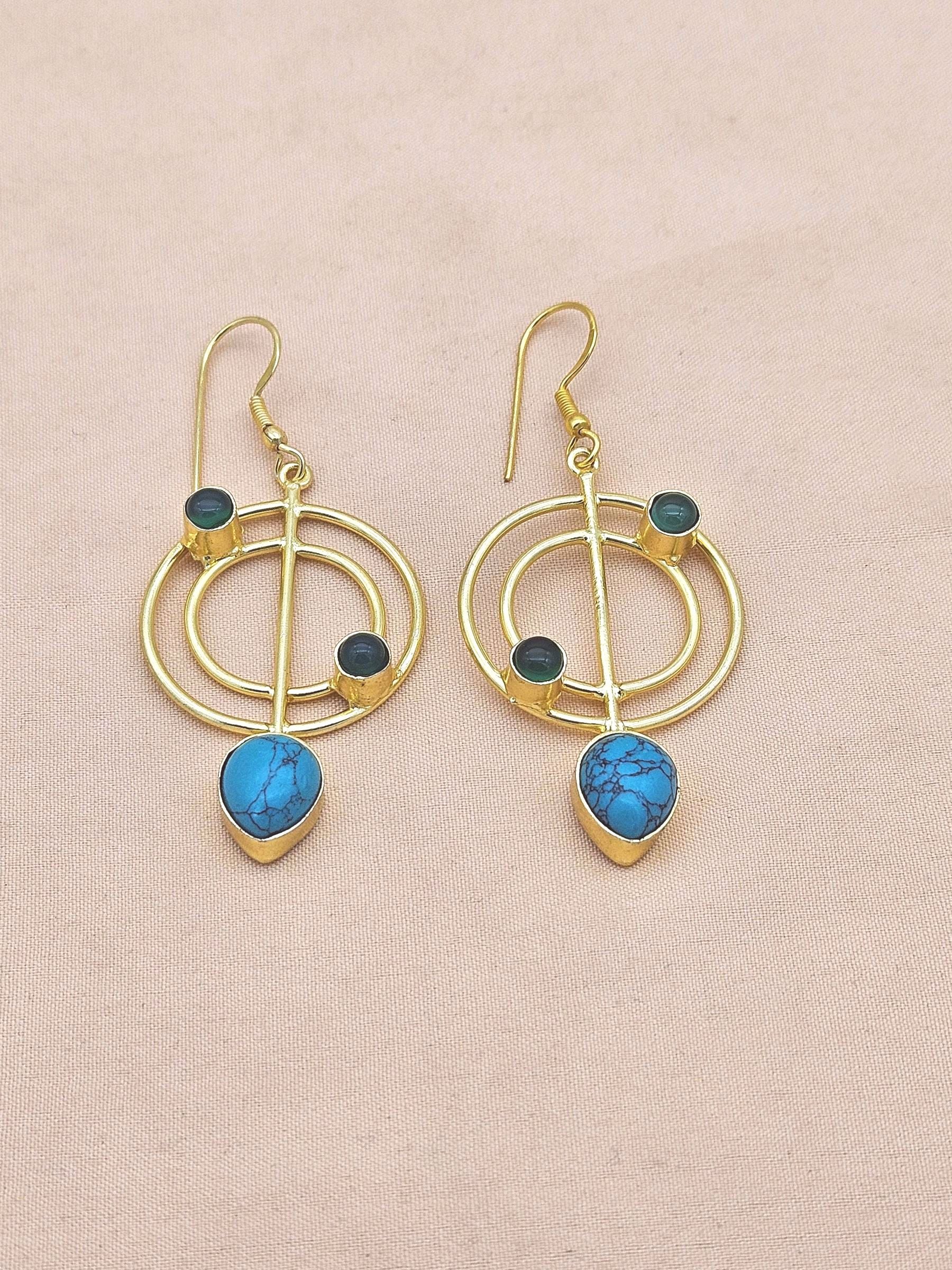 Handmade Gold Plated Turquoise-Green Onyx Gemstone Earrings – Geometric Dangle Jewelry for Women
