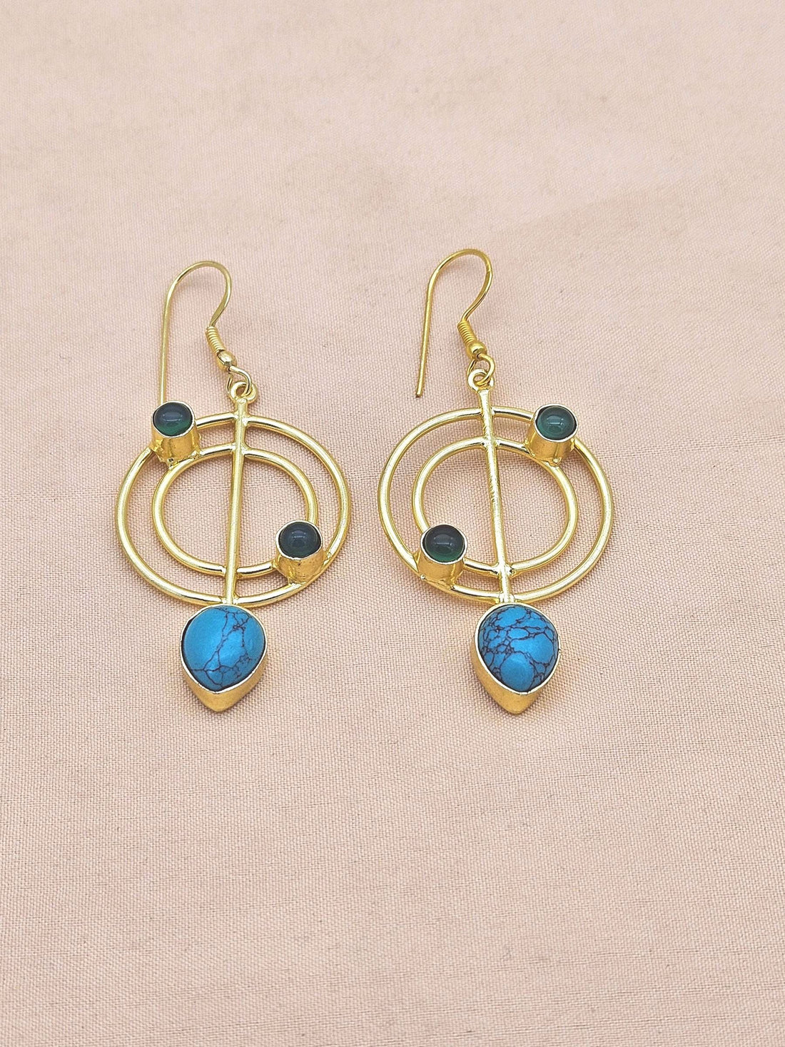 Handmade Gold Plated Turquoise-Green Onyx Gemstone Earrings – Geometric Dangle Jewelry for Women