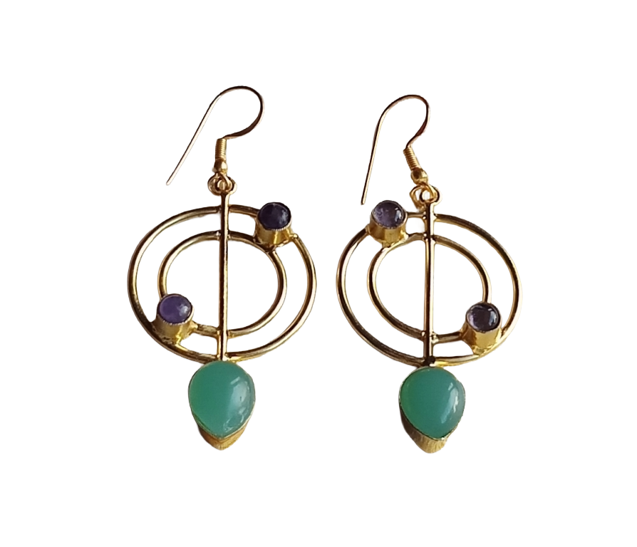 Handmade Gold Plated Amethyst-Chalcedony Gemstone Earrings – Geometric Dangle Jewelry for Women