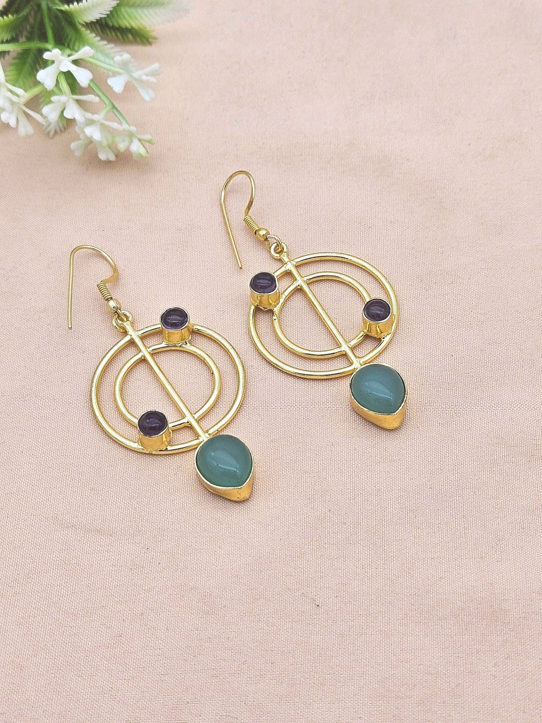 Handmade Gold Plated Amethyst-Chalcedony Gemstone Earrings – Geometric Dangle Jewelry for Women