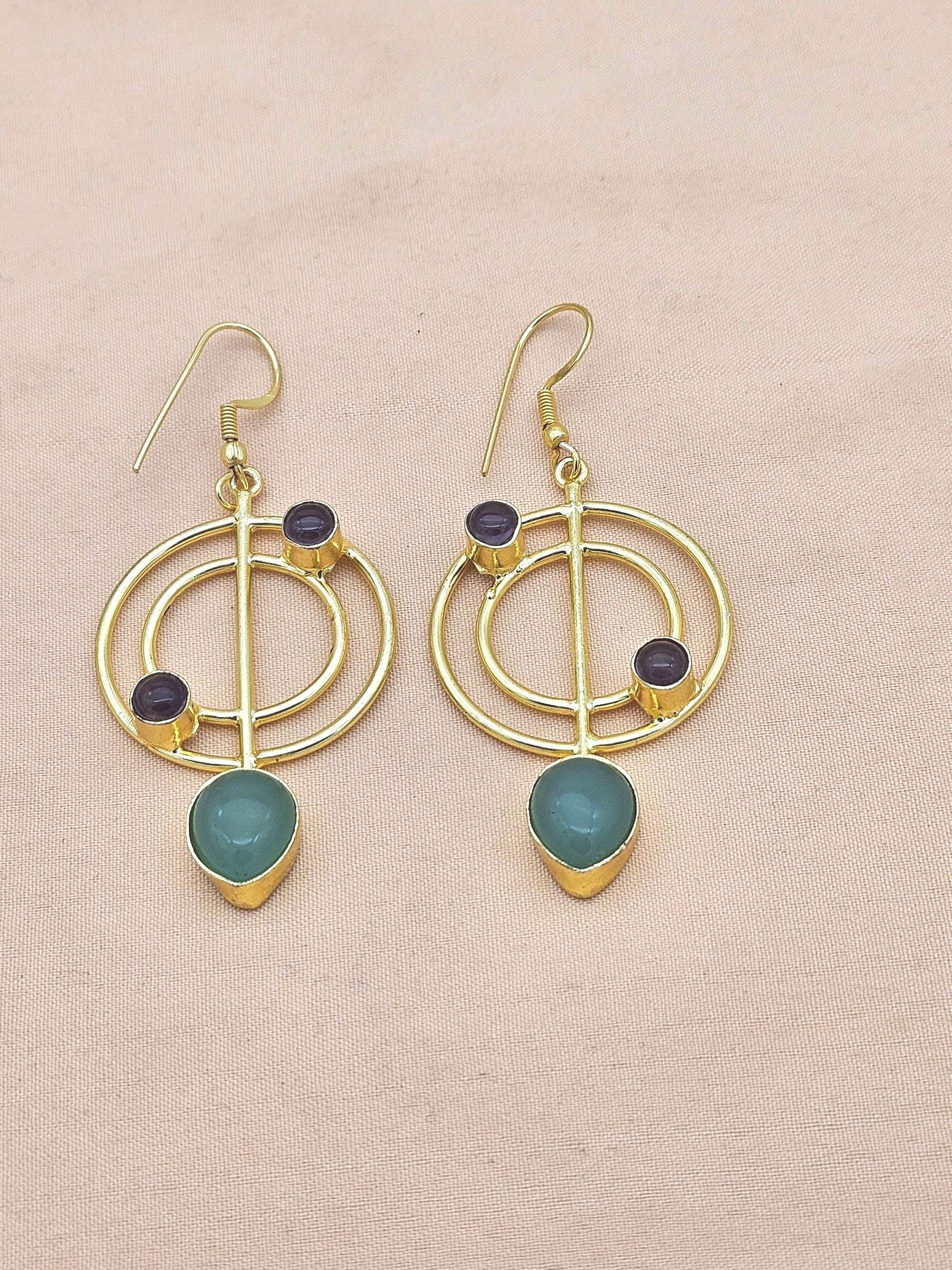 Handmade Gold Plated Amethyst-Chalcedony Gemstone Earrings – Geometric Dangle Jewelry for Women