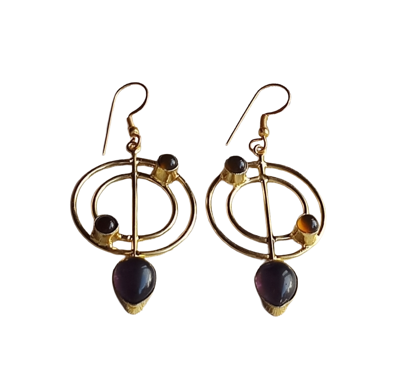 Handmade Gold Plated Purple Hydro Quartz-Smoky Gemstone Earrings – Geometric Dangle Jewelry for Women