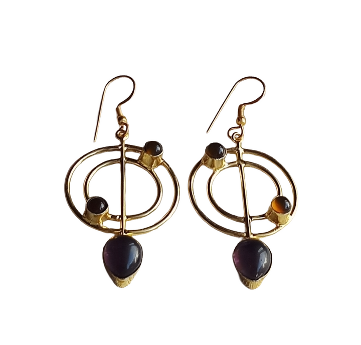 Handmade Gold Plated Purple Hydro Quartz-Smoky Gemstone Earrings – Geometric Dangle Jewelry for Women