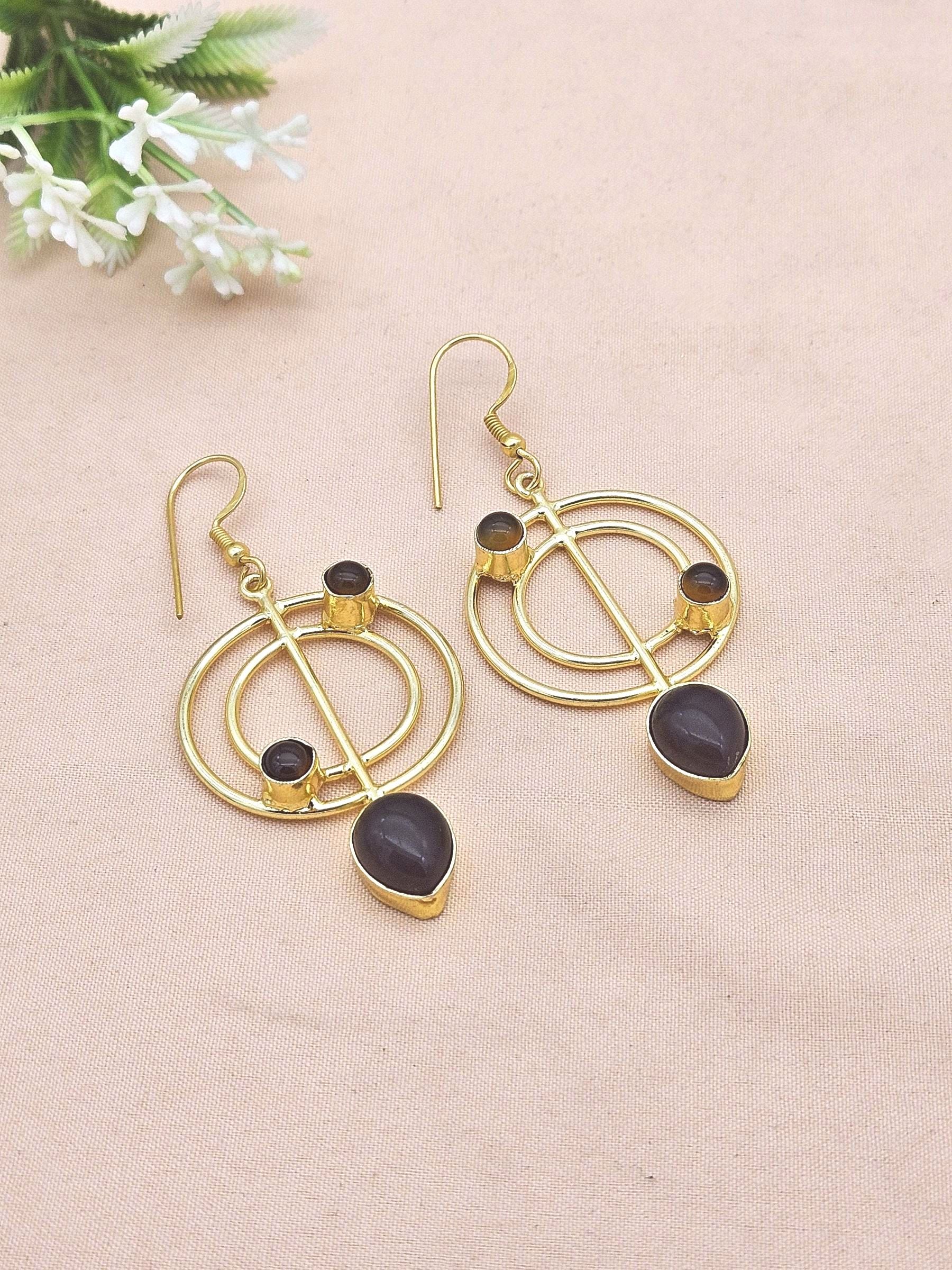 Handmade Gold Plated Purple Hydro Quartz-Smoky Gemstone Earrings – Geometric Dangle Jewelry for Women
