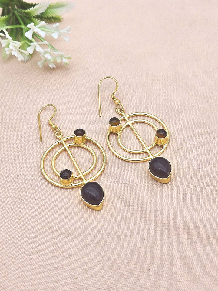 Handmade Gold Plated Purple Hydro Quartz-Smoky Gemstone Earrings – Geometric Dangle Jewelry for Women