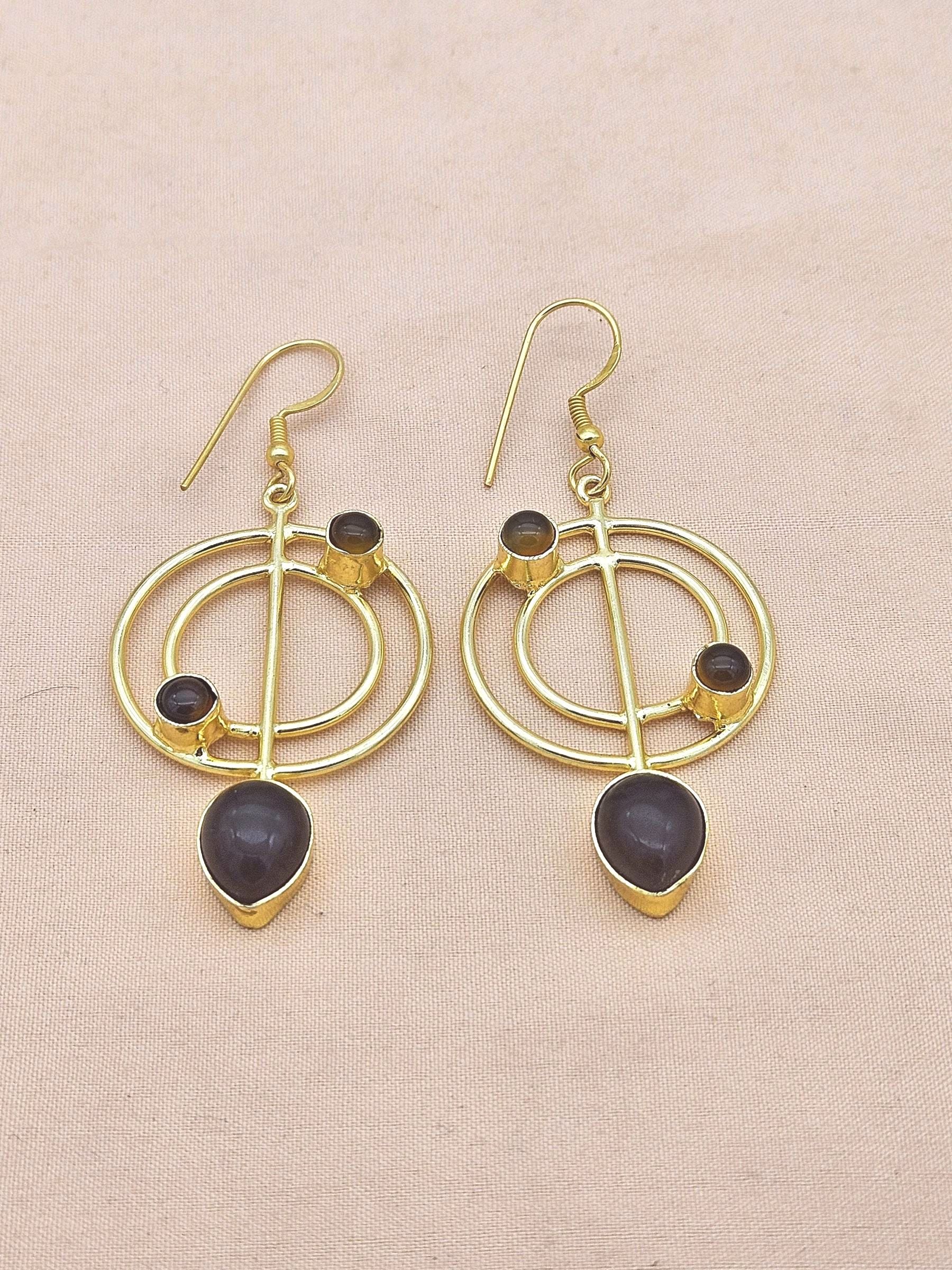 Handmade Gold Plated Purple Hydro Quartz-Smoky Gemstone Earrings – Geometric Dangle Jewelry for Women