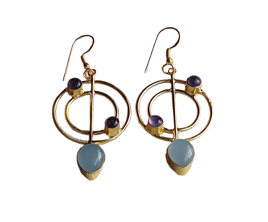 Handmade Gold Plated Purple Amethyst-Chalcedony Gemstone Earrings – Geometric Dangle Jewelry for Women