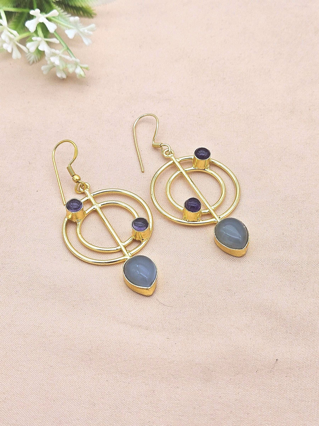 Handmade Gold Plated Purple Amethyst-Chalcedony Gemstone Earrings – Geometric Dangle Jewelry for Women