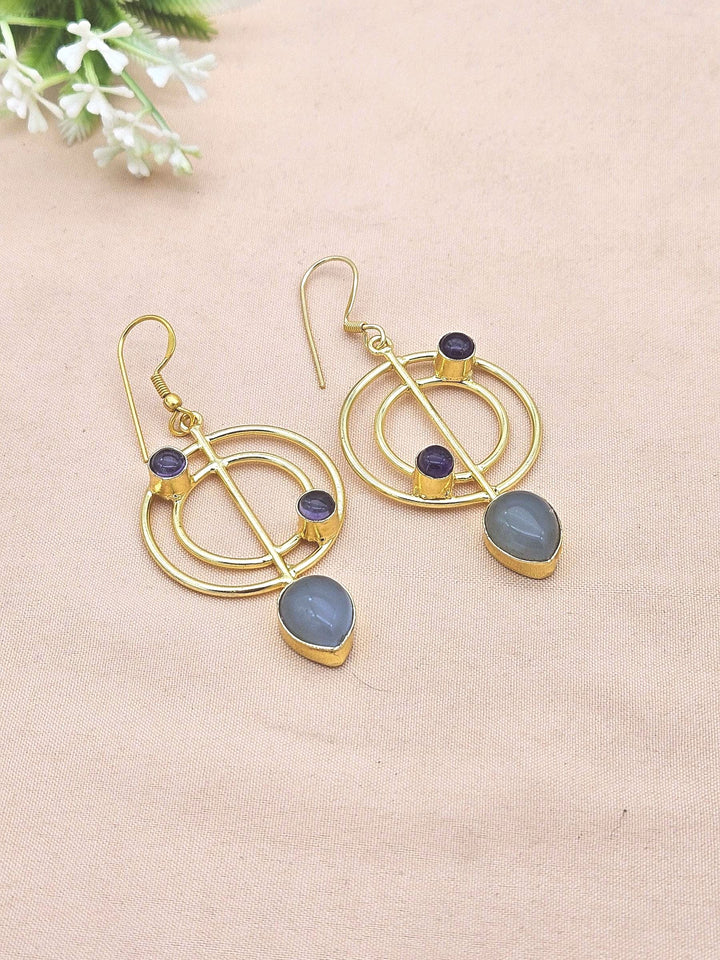 Handmade Gold Plated Purple Amethyst-Chalcedony Gemstone Earrings – Geometric Dangle Jewelry for Women