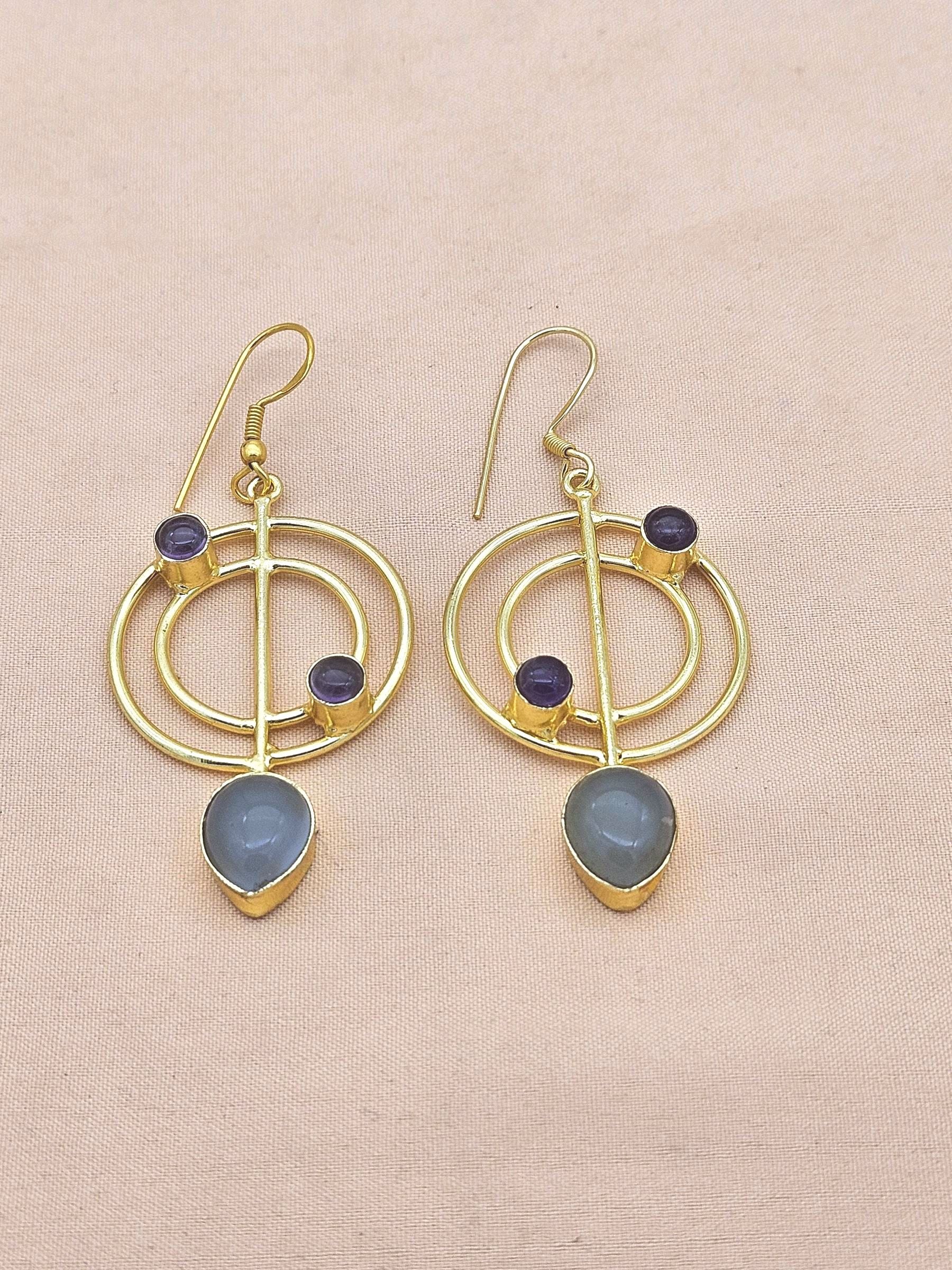Handmade Gold Plated Purple Amethyst-Chalcedony Gemstone Earrings – Geometric Dangle Jewelry for Women