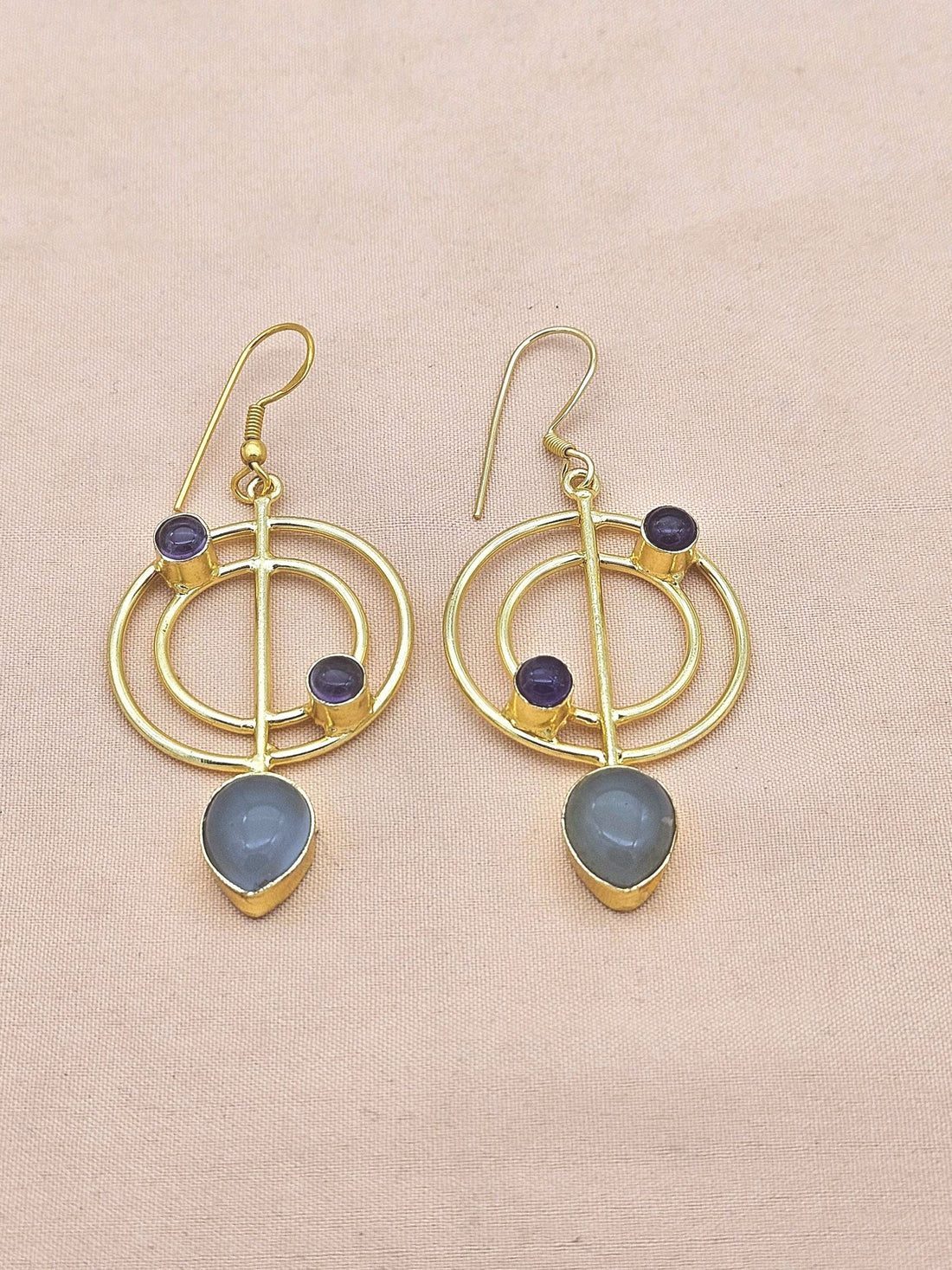 Handmade Gold Plated Purple Amethyst-Chalcedony Gemstone Earrings – Geometric Dangle Jewelry for Women