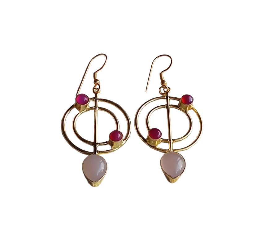 Handmade Gold Plated Rose Quartz-Pink Onyx Gemstone Earrings – Geometric Dangle Jewelry for Women