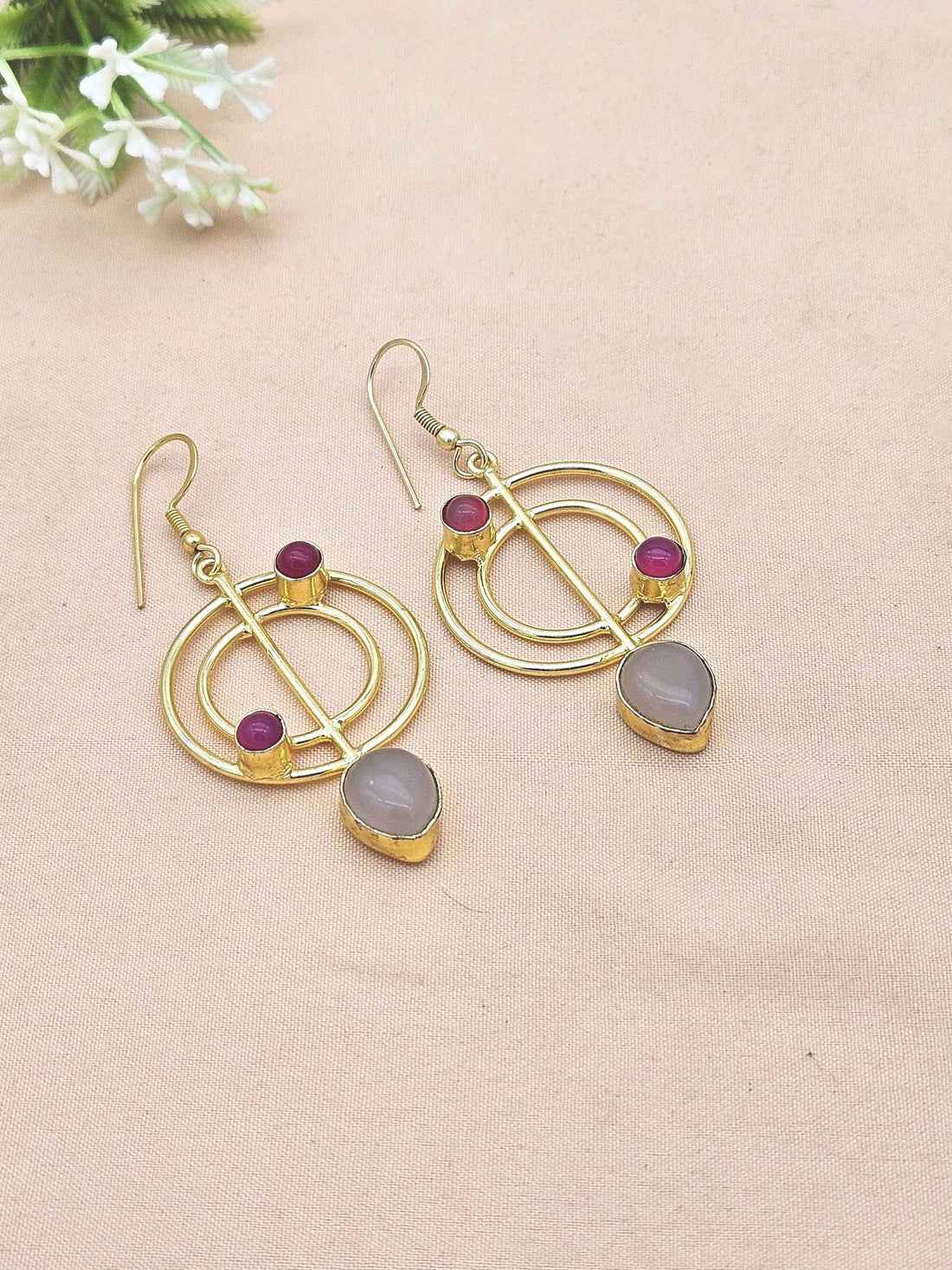 Handmade Gold Plated Rose Quartz-Pink Onyx Gemstone Earrings – Geometric Dangle Jewelry for Women