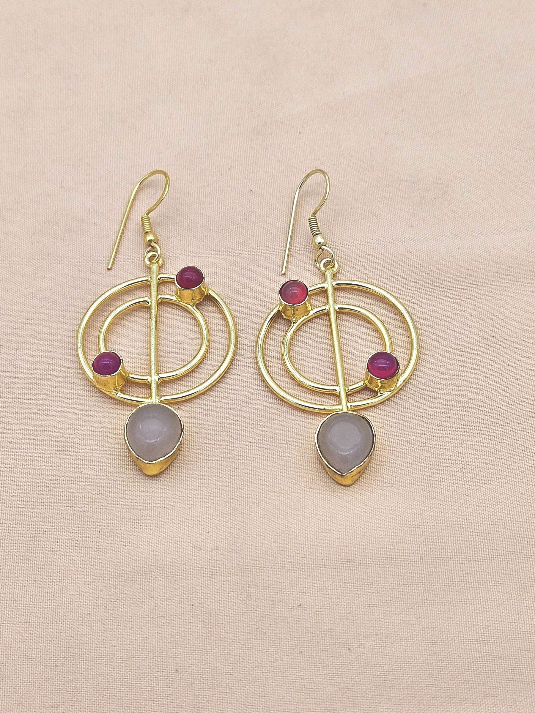 Handmade Gold Plated Rose Quartz-Pink Onyx Gemstone Earrings – Geometric Dangle Jewelry for Women