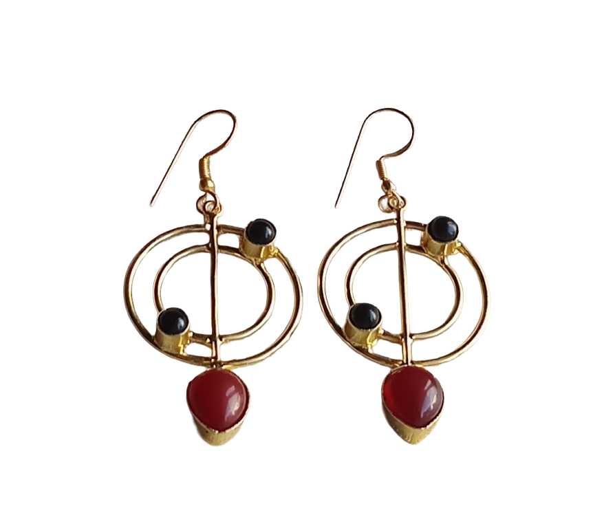 Handmade Gold Plated Black & Red Onyx Gemstone Earrings – Geometric Dangle Jewelry for Women