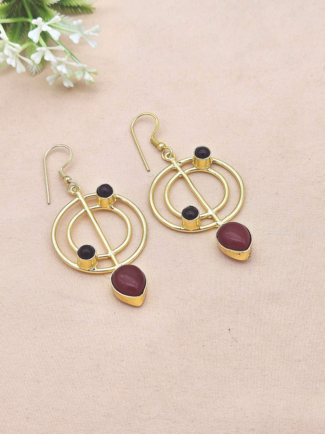 Handmade Gold Plated Black & Red Onyx Gemstone Earrings – Geometric Dangle Jewelry for Women