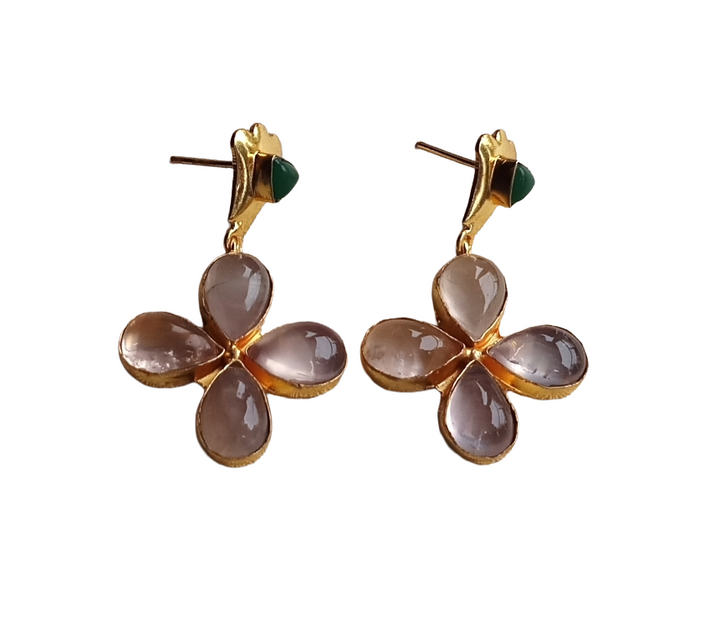 Charming Gold Plated Dangle Earrings –Rose Qtz-Green Onyx Floral Designer Jewelry