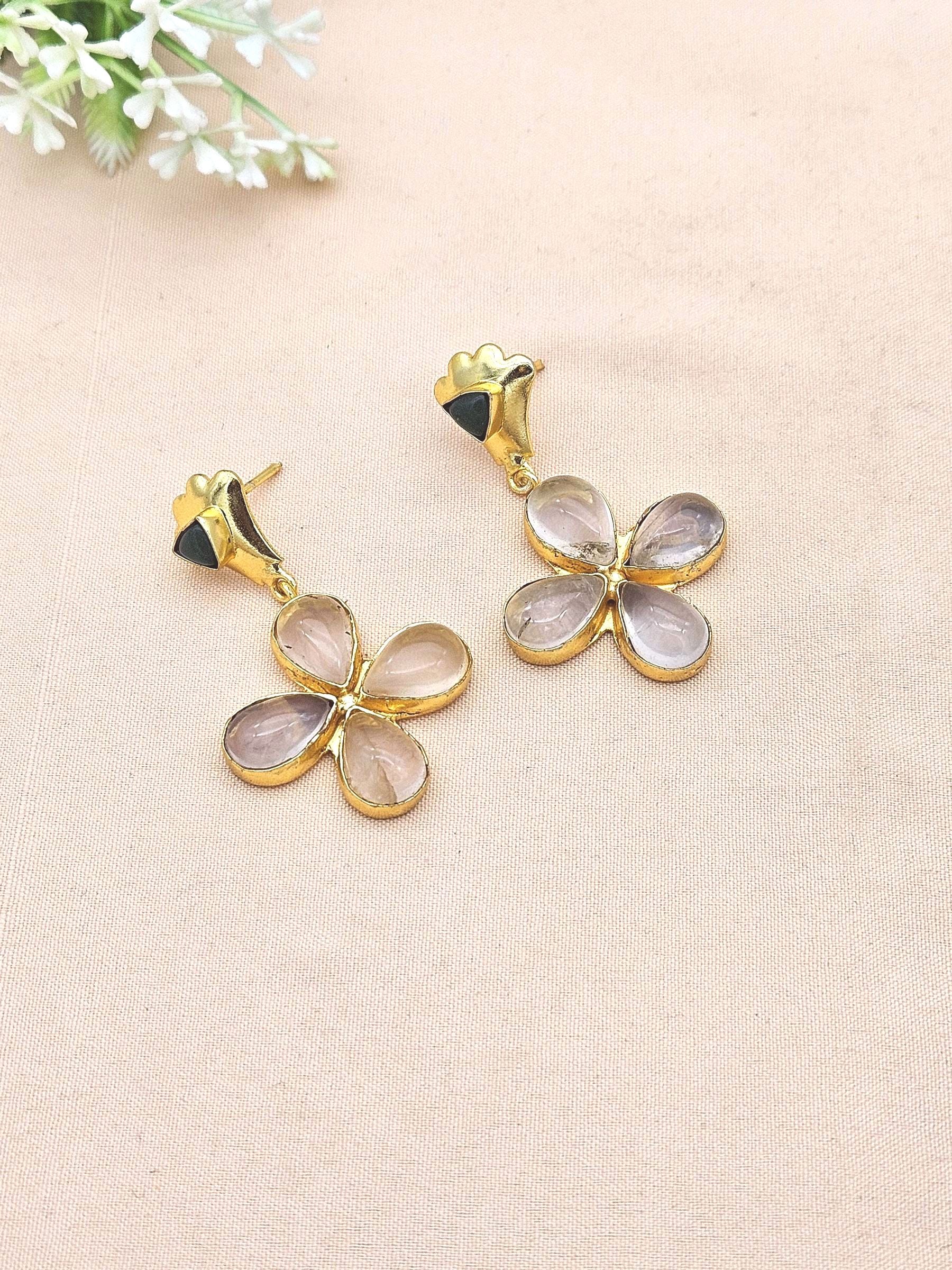 Charming Gold Plated Dangle Earrings –Rose Qtz-Green Onyx Floral Designer Jewelry