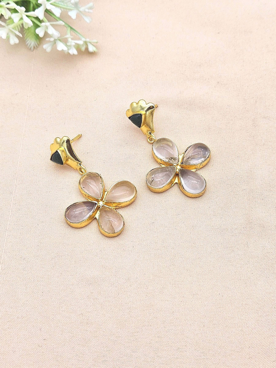 Charming Gold Plated Dangle Earrings –Rose Qtz-Green Onyx Floral Designer Jewelry