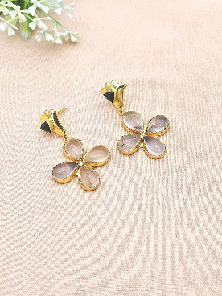 Charming Gold Plated Dangle Earrings –Rose Qtz-Green Onyx Floral Designer Jewelry