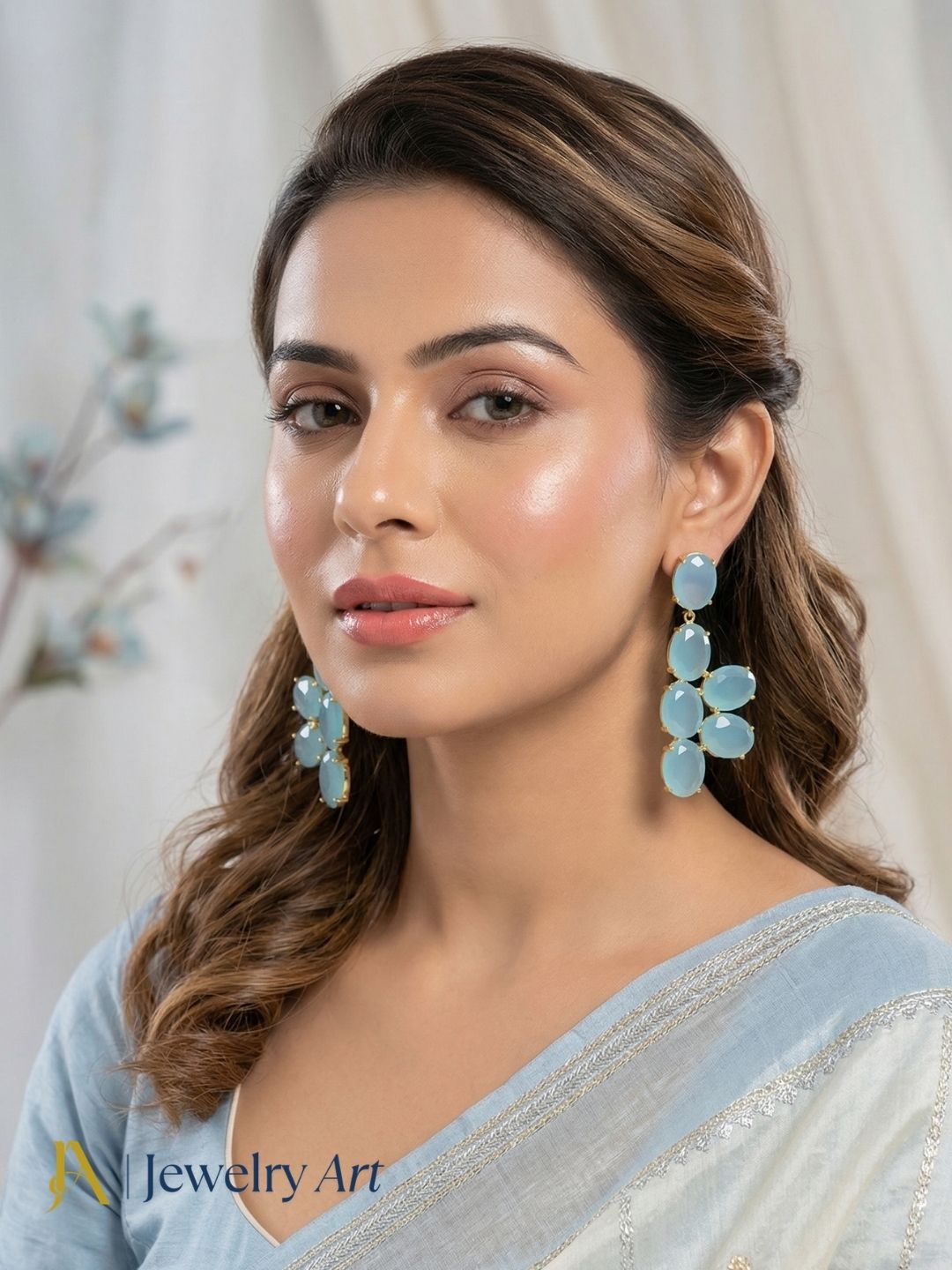 Soft blue gemstone earrings chalcedony gold plated modern drop design
