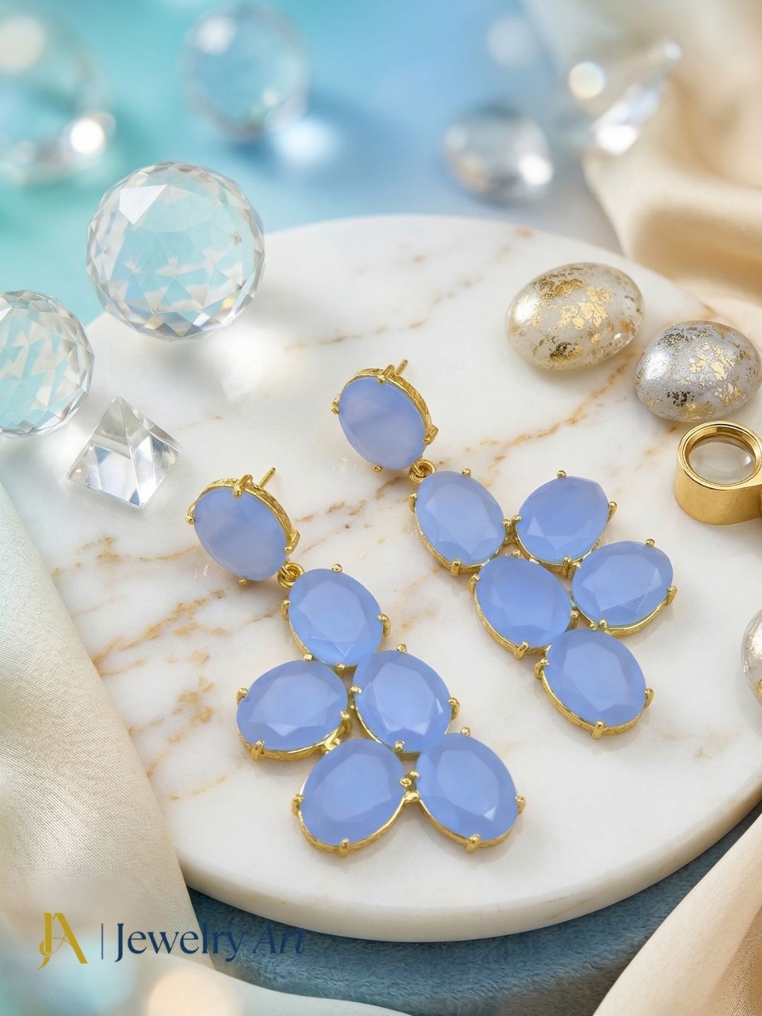 Amazing Gold Plated Dangle Earring -Blue Chalcedony Gemstone Handcrafted Jewelry