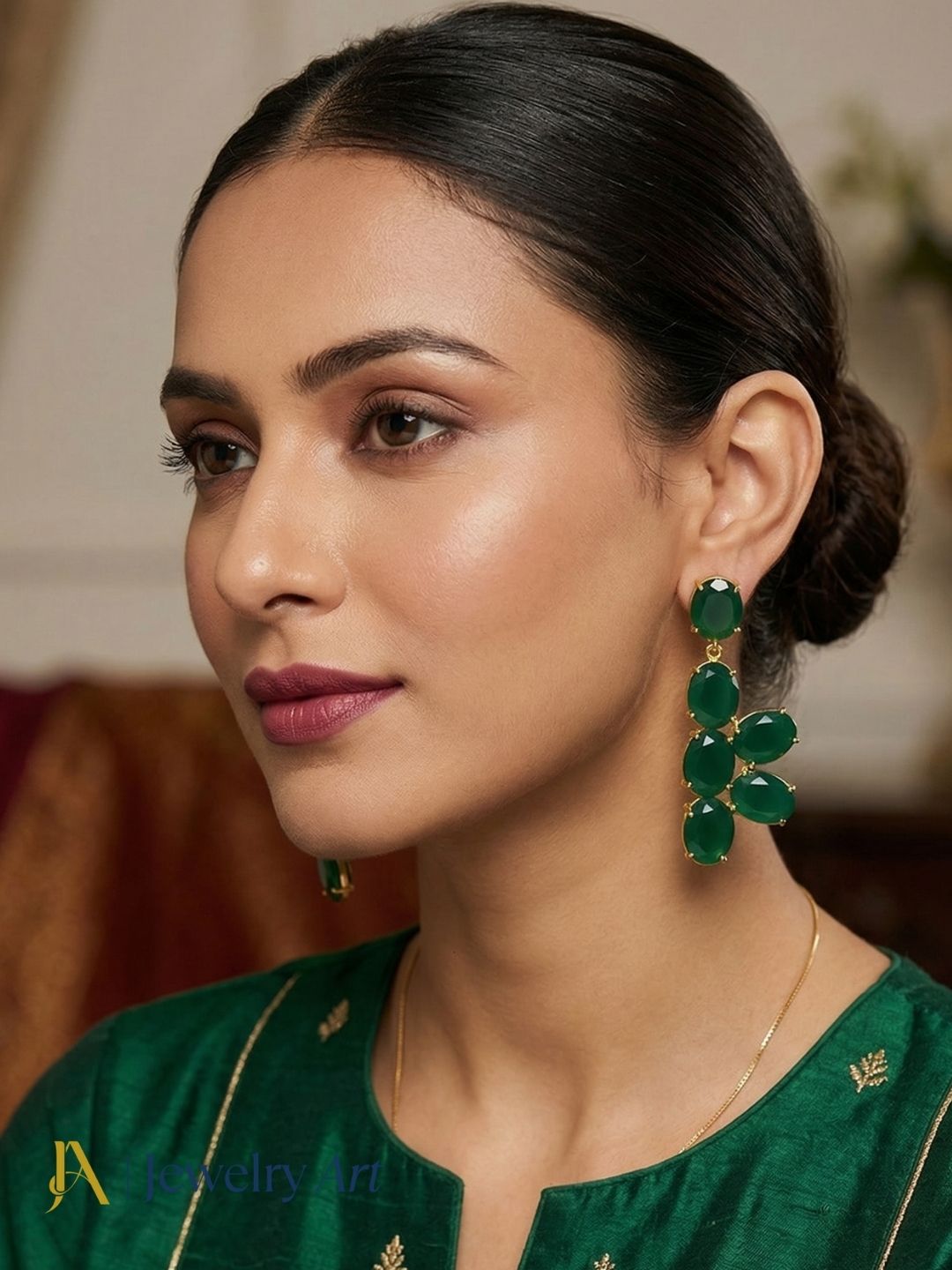 Green Onyx stone gold plated earrings handmade dangle earrings for women
