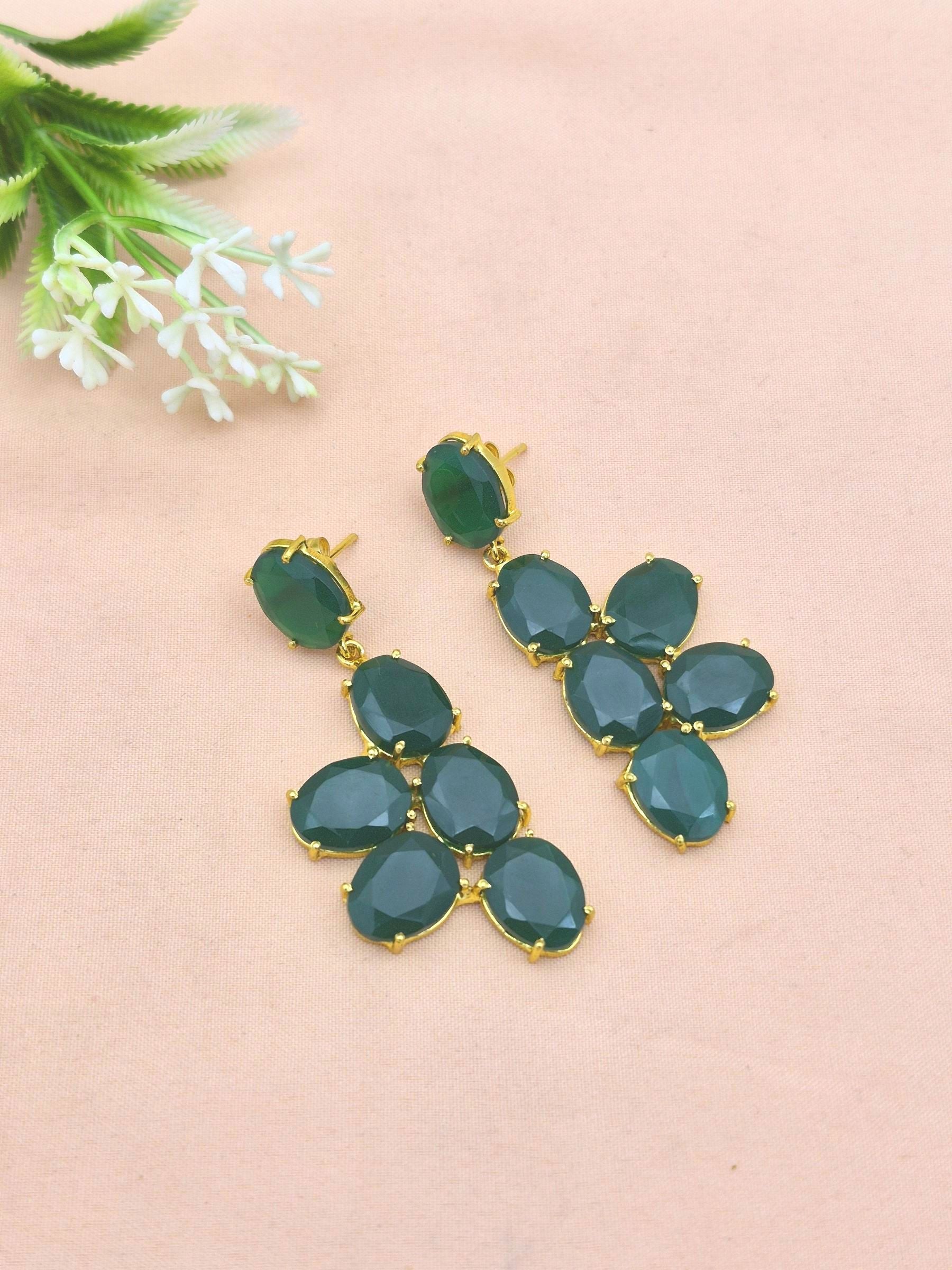 Gorgeous Gold Plated Dangle Earring -Green Onyx Gemstone Handcrafted Jewelry