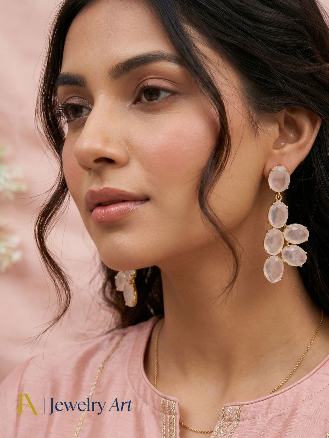Gold tone rose quartz earrings handcrafted gemstone hanging earrings 
