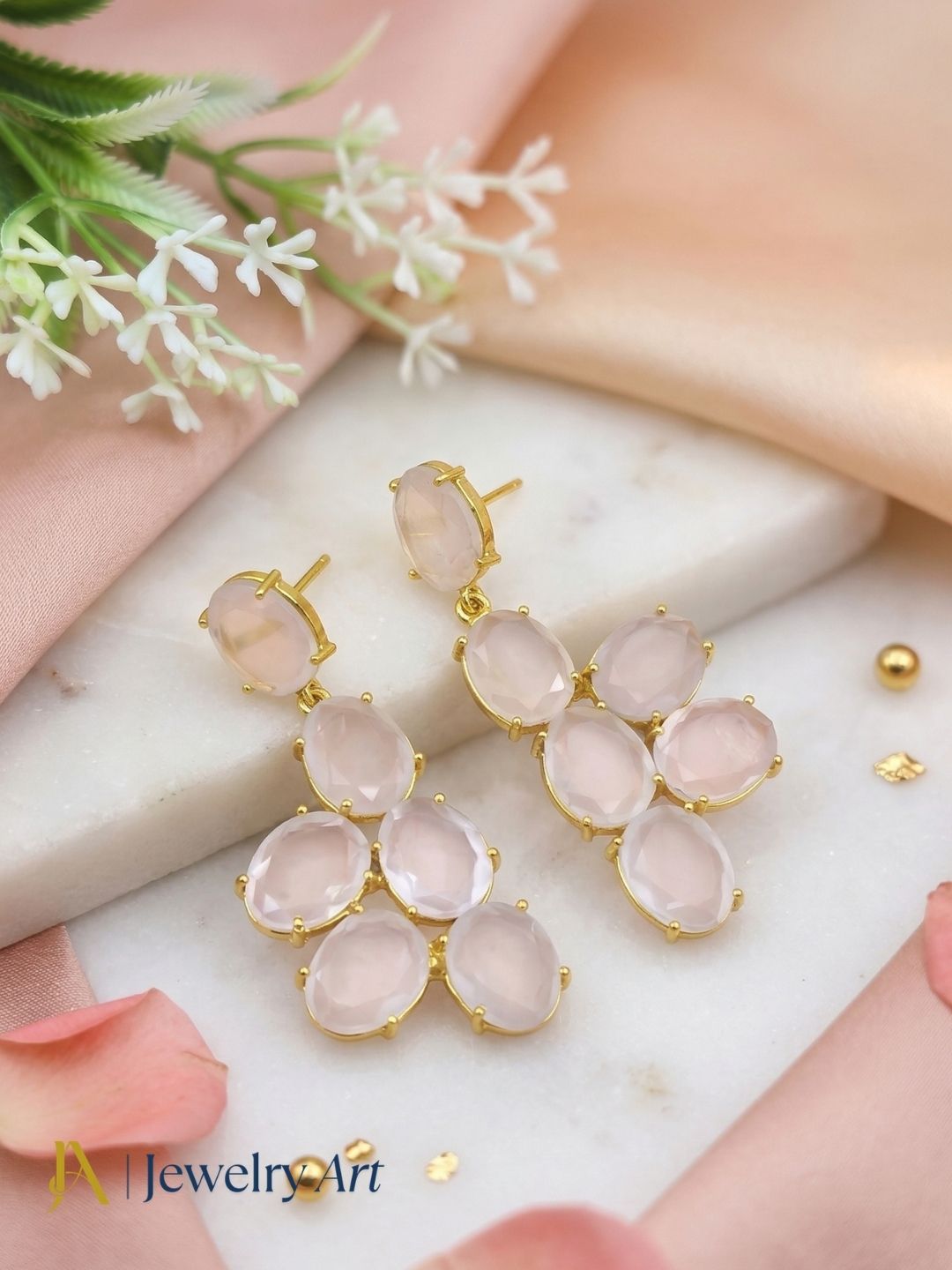 Amazing Gold Plated Dangle Earring -Rose Quartz Gemstone Handcrafted Jewelry