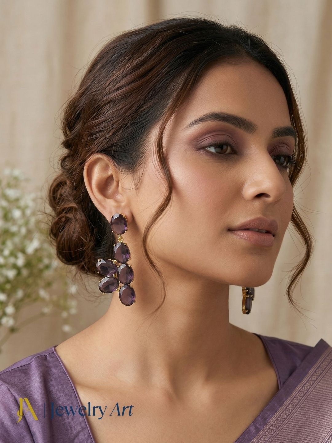 Handmade amethyst gemstone earrings gold plated hanging earrings for women 
