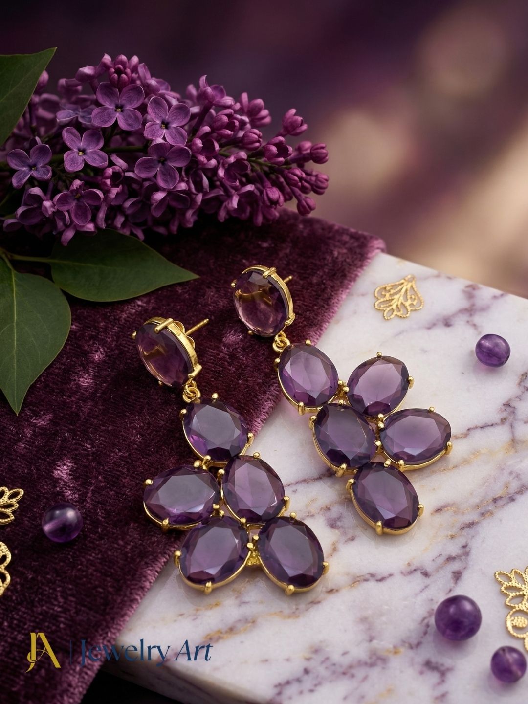 Amazing Gold Plated Dangle Earring -Amethyst Gemstone Handcrafted Jewelry