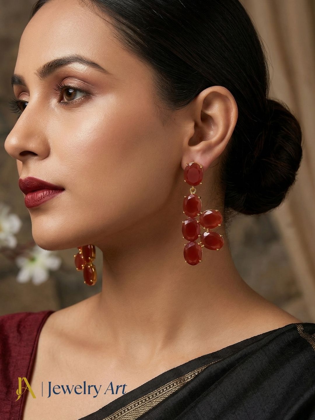 Designer red onyx earrings gold plated drop earrings for women 
