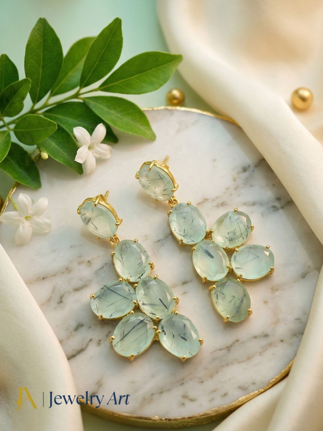 Amazing Gold Plated Dangle Earring -Prehnite Gemstone Handcrafted Jewelry