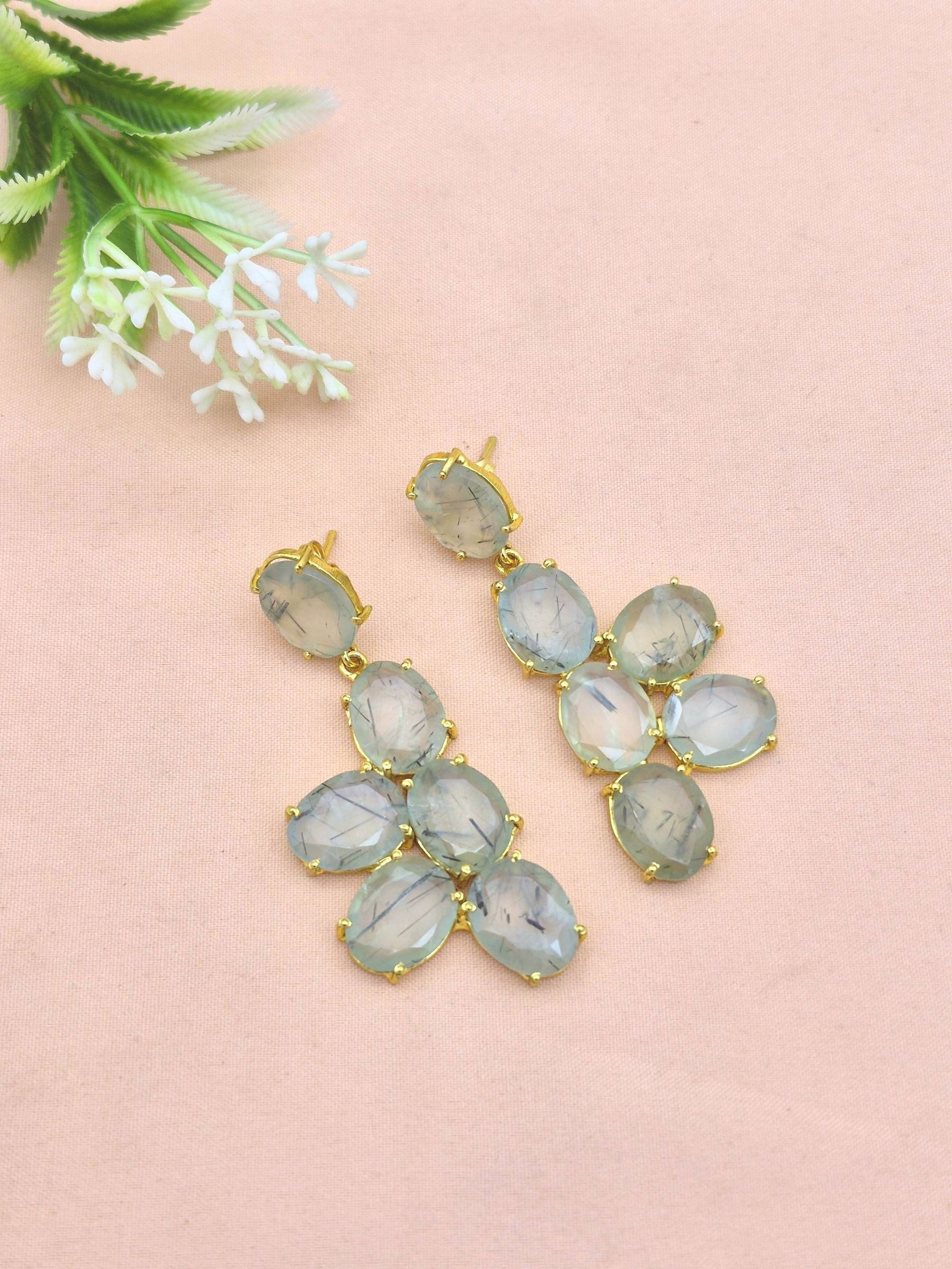 Amazing Gold Plated Dangle Earring -Prehnite Gemstone Handcrafted Jewelry