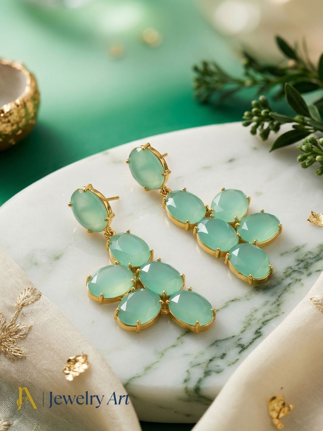 Gold plated Green Chalcedony Dangle Earrings - Handmade Semi Precious Stone Jewelry